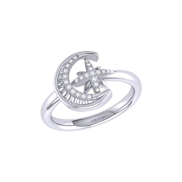 Moon-Cradled Star Diamond Ring in Sterling Silver
