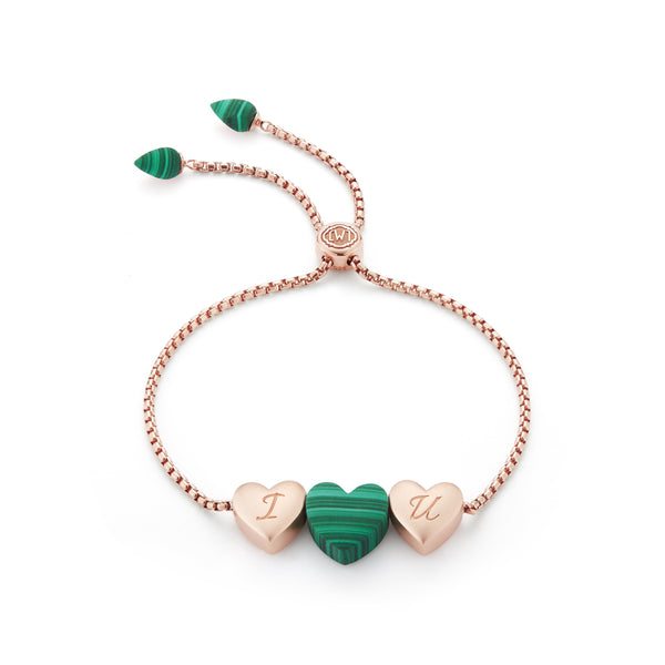 Luv Me Malachite Bolo Adjustable I Love You Heart Bracelet in 14K Rose Gold Plated Sterling Silver