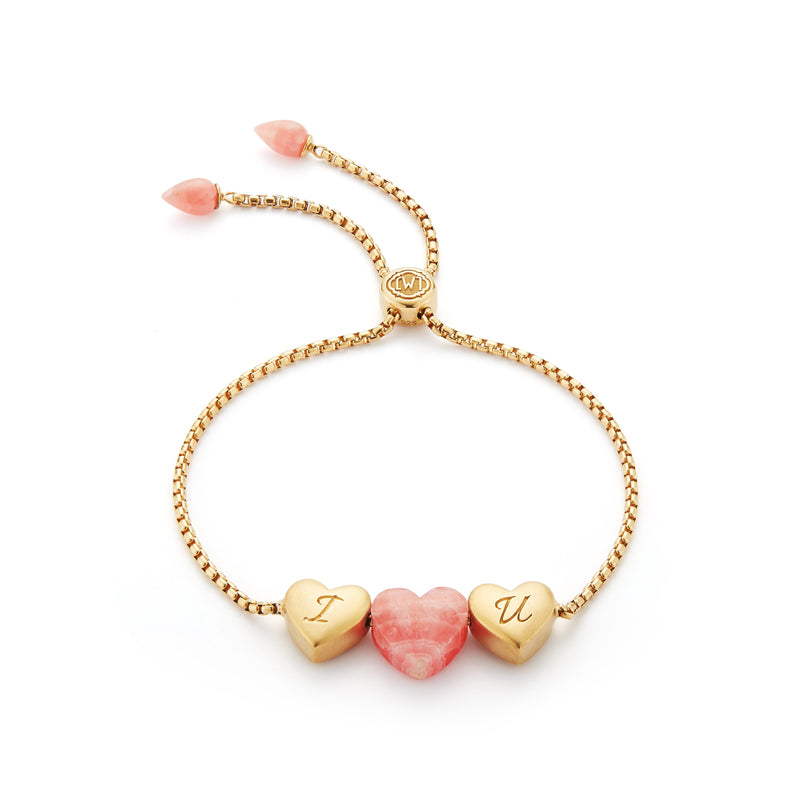 Luv Me Rhodochrosite Bolo Adjustable I Love You Heart Bracelet in 14K Yellow Gold Plated Sterling Silver
