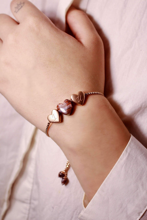 Luv Me Lace Agate Bolo Adjustable I Love You Heart Bracelet in 14K Rose Gold Plated Sterling Silver