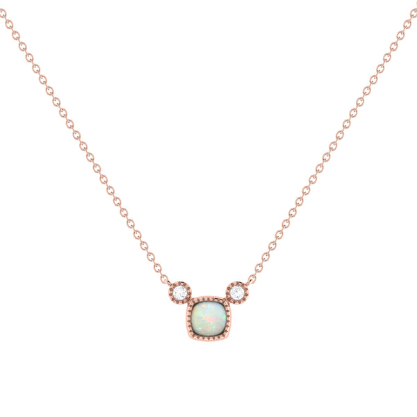 Cushion Cut Opal & Diamond Birthstone Necklace In 14K Rose Gold