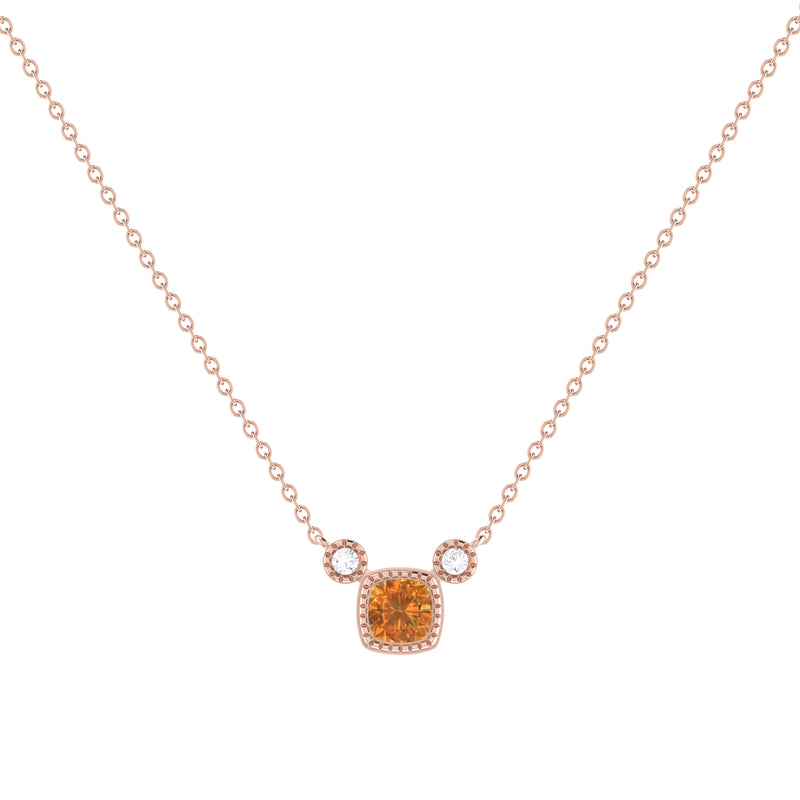 Cushion Cut Citrine & Diamond Birthstone Necklace In 14K Rose Gold
