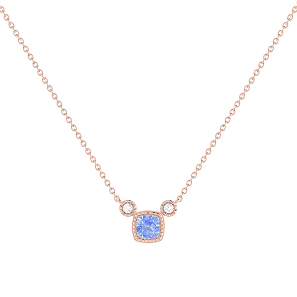Cushion Cut Tanzanite & Diamond Birthstone Necklace In 14K Rose Gold