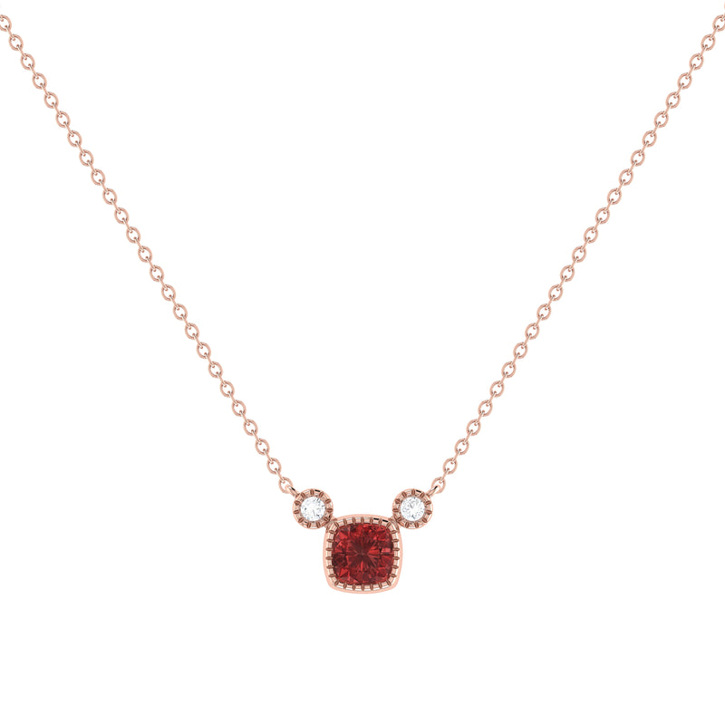 Cushion Cut Garnet & Diamond Birthstone Necklace In 14K Rose Gold