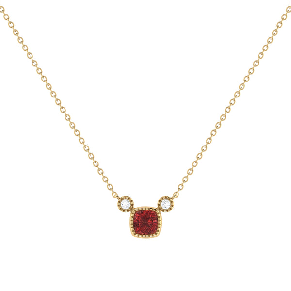 Cushion Cut Garnet & Diamond Birthstone Necklace In 14K Yellow Gold