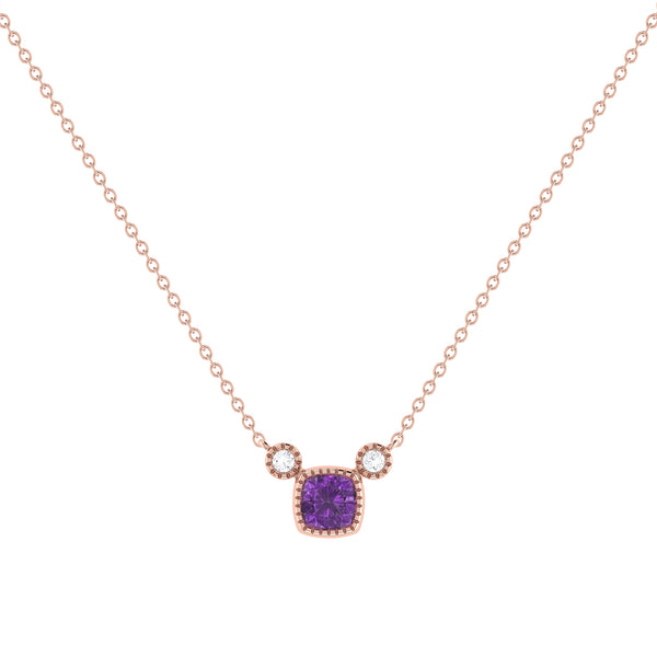 Cushion Cut Amethyst & Diamond Birthstone Necklace In 14K Rose Gold