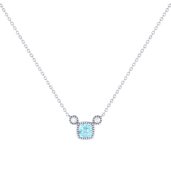 Cushion Cut Aquamarine & Diamond Birthstone Necklace In 14K White Gold