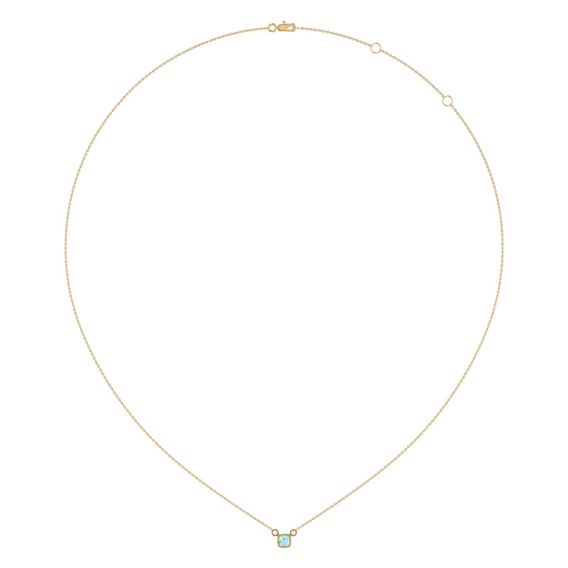 Cushion Cut Aquamarine & Diamond Birthstone Necklace In 14K Yellow Gold