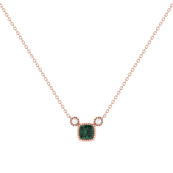 Cushion Cut Emerald & Diamond Birthstone Necklace In 14K Rose Gold