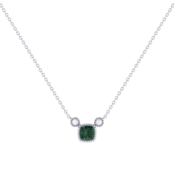 Cushion Cut Emerald & Diamond Birthstone Necklace In 14K White Gold