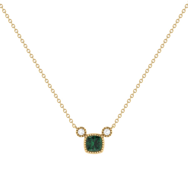 Cushion Cut Emerald & Diamond Birthstone Necklace In 14K Yellow Gold