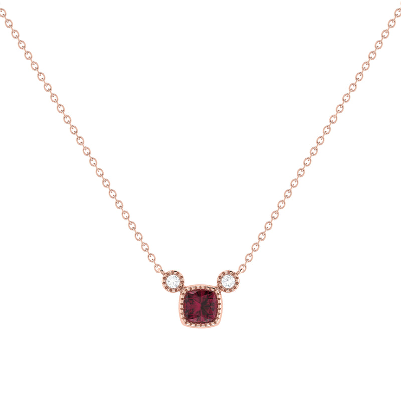 Cushion Cut Ruby & Diamond Birthstone Necklace In 14K Rose Gold