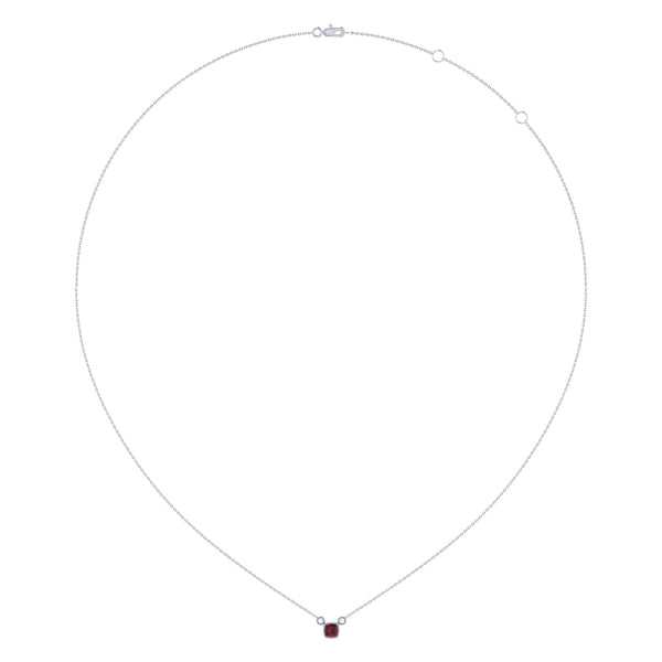 Cushion Cut Ruby & Diamond Birthstone Necklace In 14K White Gold