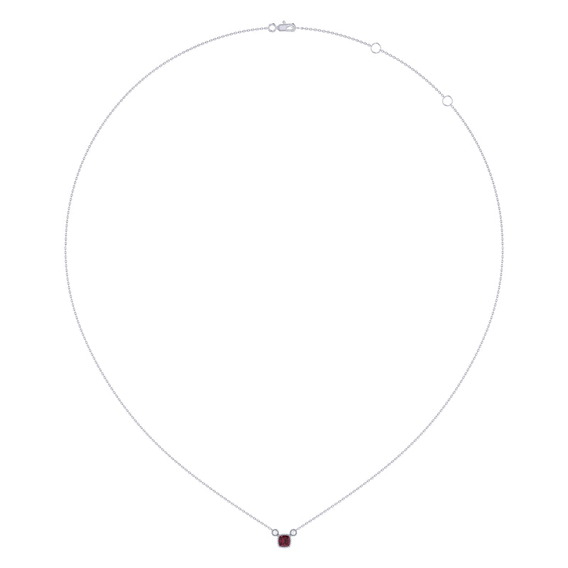 Cushion Cut Ruby & Diamond Birthstone Necklace In 14K White Gold