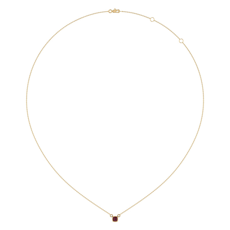 Cushion Cut Ruby & Diamond Birthstone Necklace In 14K Yellow Gold