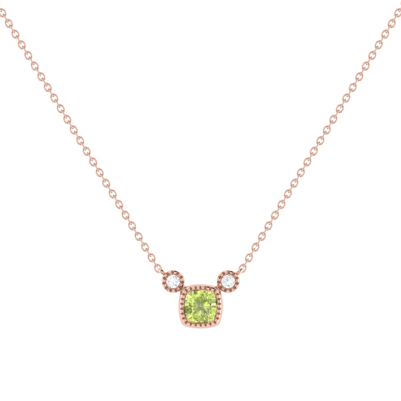 Cushion Cut Peridot & Diamond Birthstone Necklace In 14K Rose Gold