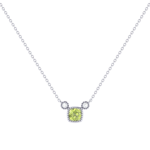 Cushion Cut Peridot & Diamond Birthstone Necklace In 14K White Gold