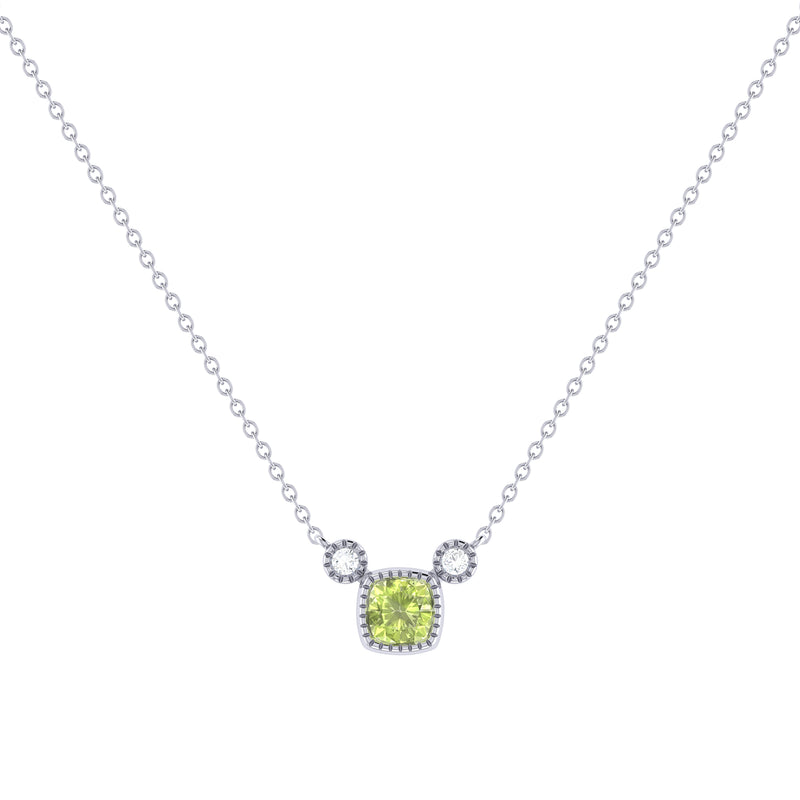 Cushion Cut Peridot & Diamond Birthstone Necklace In 14K White Gold