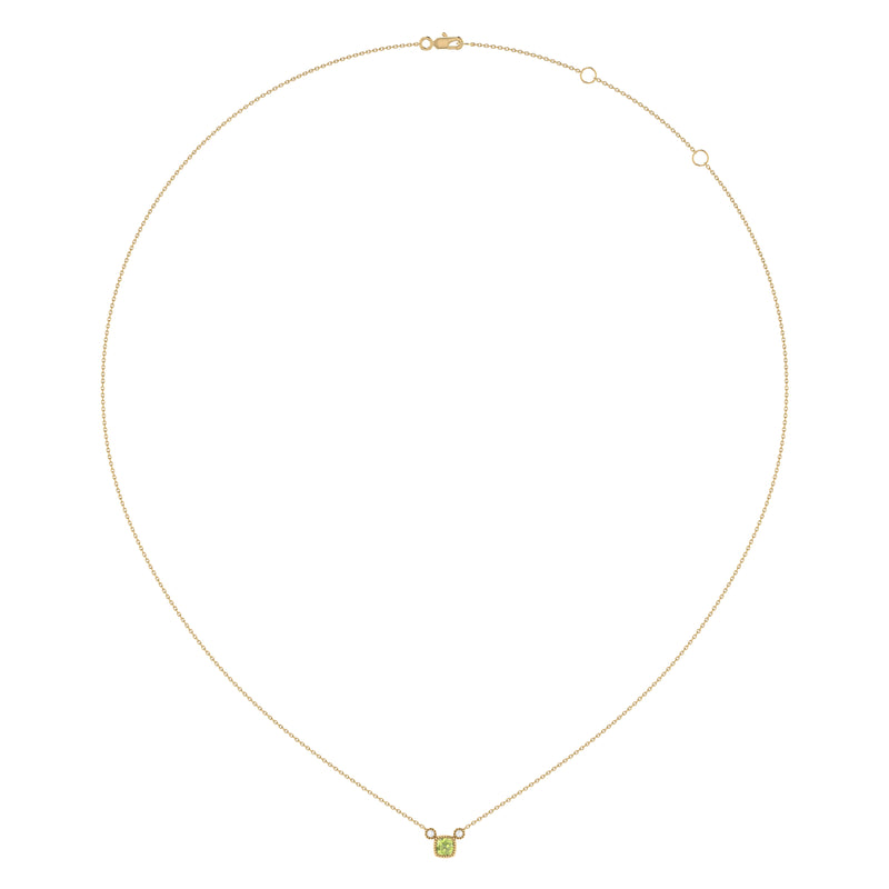 Cushion Cut Peridot & Diamond Birthstone Necklace In 14K Yellow Gold