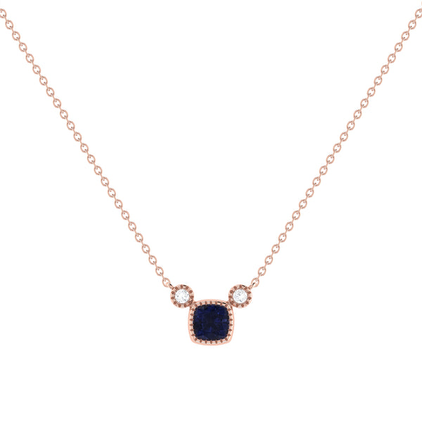 Cushion Cut Sapphire & Diamond Birthstone Necklace In 14K Rose Gold