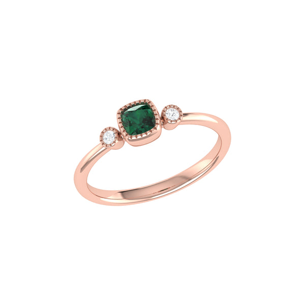 Cushion Cut Emerald & Diamond Birthstone Ring In 14K Rose Gold