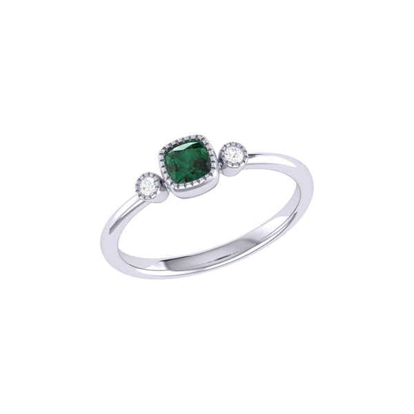 Cushion Cut Emerald & Diamond Birthstone Ring In 14K White Gold