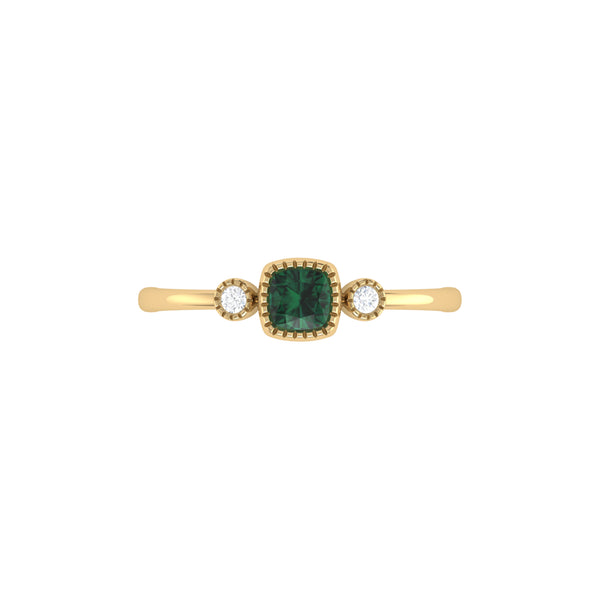 Cushion Cut Emerald & Diamond Birthstone Ring In 14K Yellow Gold