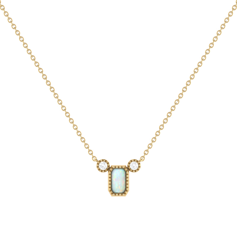 Emerald Cut Opal & Diamond Birthstone Necklace In 14K Yellow Gold