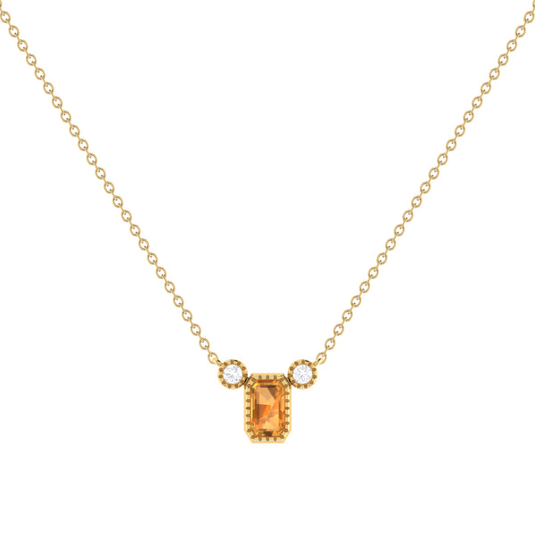 Emerald Cut Citrine & Diamond Birthstone Necklace In 14K Yellow Gold