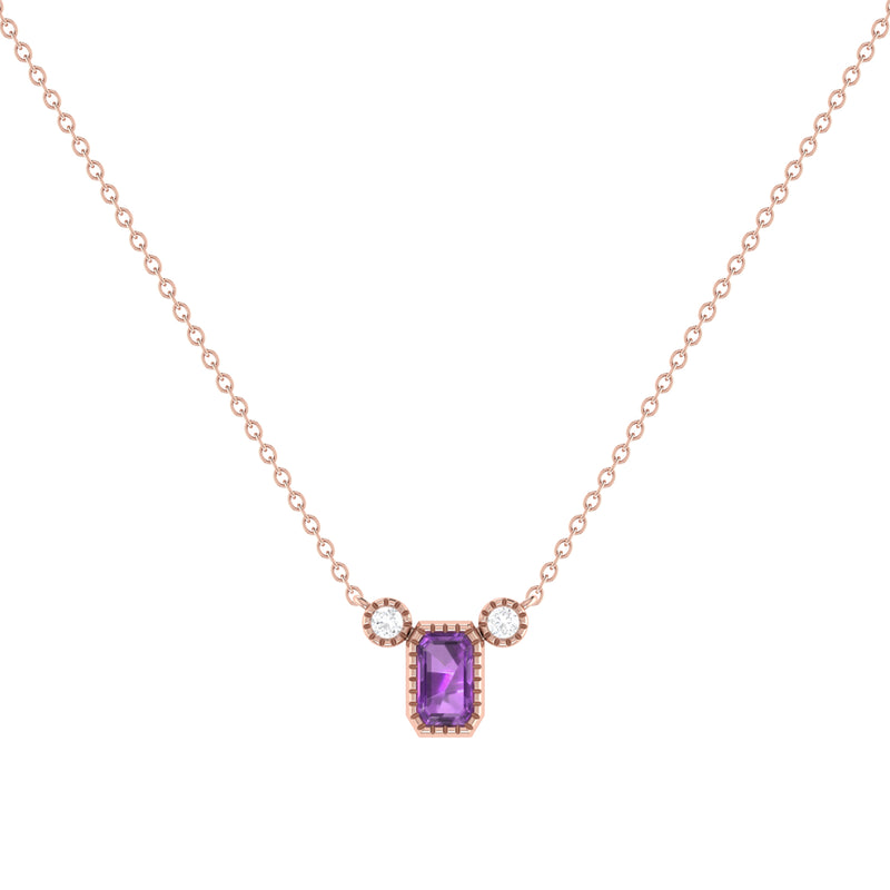 Emerald Cut Amethyst & Diamond Birthstone Necklace In 14K Rose Gold