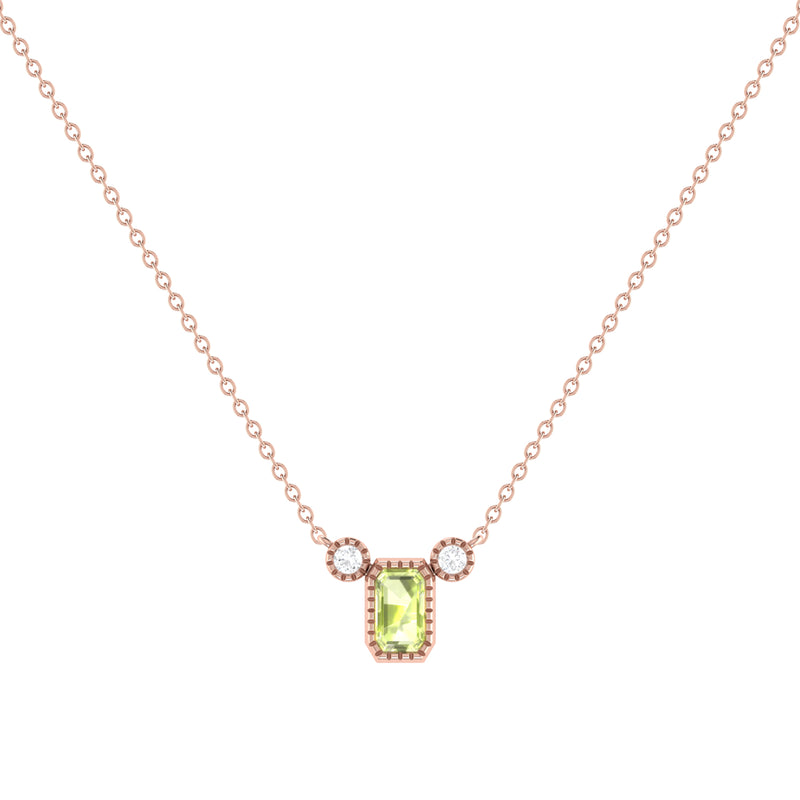 Emerald Cut Peridot & Diamond Birthstone Necklace In 14K Rose Gold
