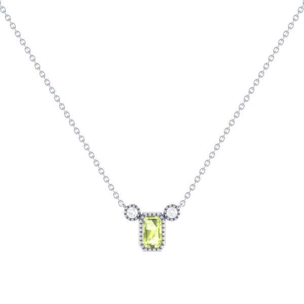 Emerald Cut Peridot & Diamond Birthstone Necklace In 14K White Gold