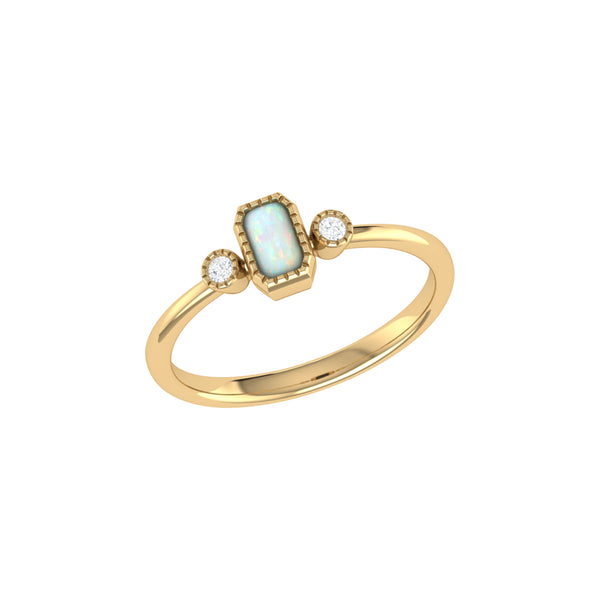 Emerald Cut Opal & Diamond Birthstone Ring In 14K Yellow Gold