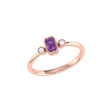 Emerald Cut Amethyst & Diamond Birthstone Ring in 14K Rose Gold