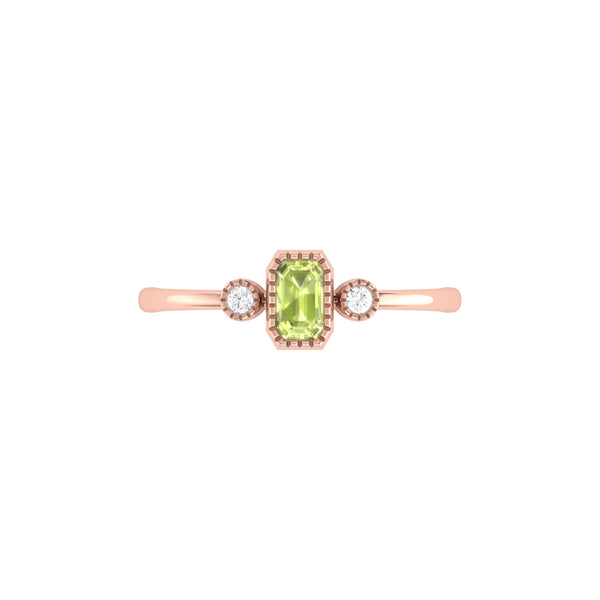Emerald Cut Peridot & Diamond Birthstone Ring In 14K Rose Gold