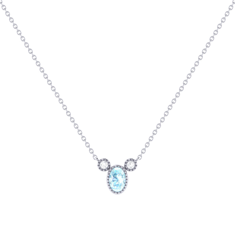 Oval Cut Aquamarine & Diamond Birthstone Necklace In 14K White Gold