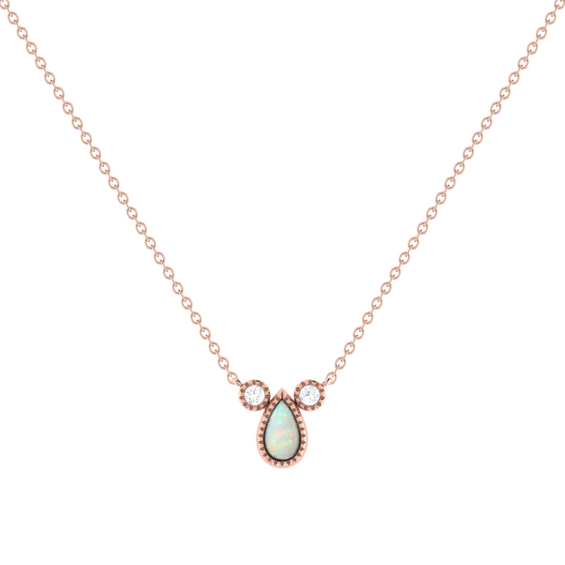 Pear Shaped Opal & Diamond Birthstone Necklace In 14K Rose Gold