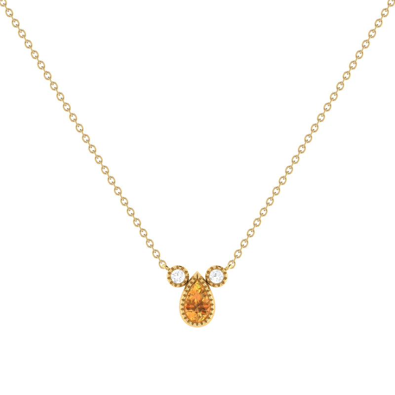 Pear Shaped Citrine & Diamond Birthstone Necklace In 14K Yellow Gold