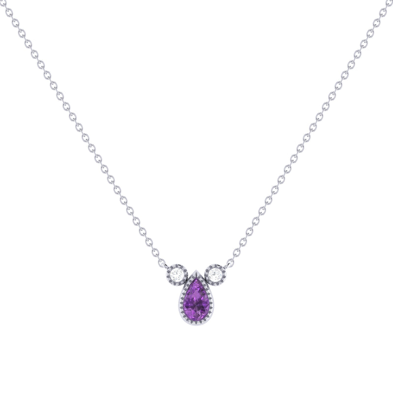 Pear Shaped Amethyst & Diamond Birthstone Necklace In 14K White Gold