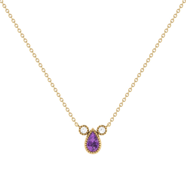 Pear Shaped Amethyst & Diamond Birthstone Necklace In 14K Yellow Gold