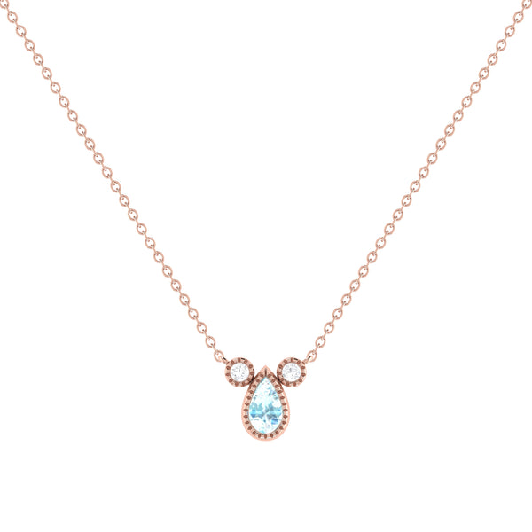 Pear Shaped Aquamarine & Diamond Birthstone Necklace In 14K Rose Gold