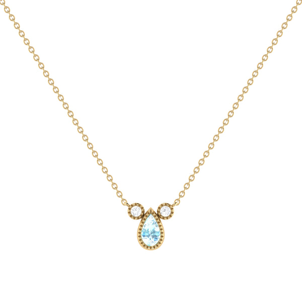 Pear Shaped Aquamarine & Diamond Birthstone Necklace In 14K Yellow Gold
