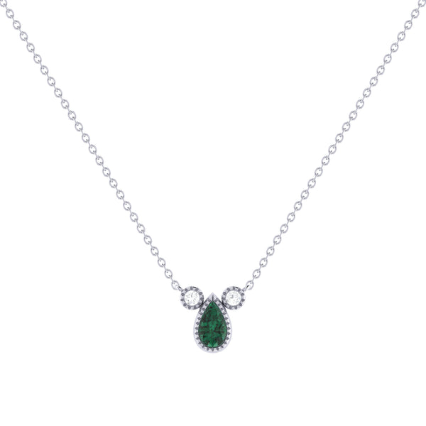 Pear Shaped Emerald & Diamond Birthstone Necklace In 14K White Gold