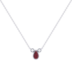Pear Shaped Ruby & Diamond Birthstone Necklace In 14K White Gold