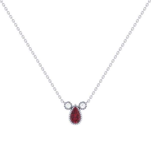 Pear Shaped Ruby & Diamond Birthstone Necklace In 14K White Gold