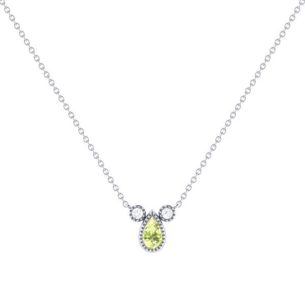 Pear Shaped Peridot & Diamond Birthstone Necklace In 14K White Gold