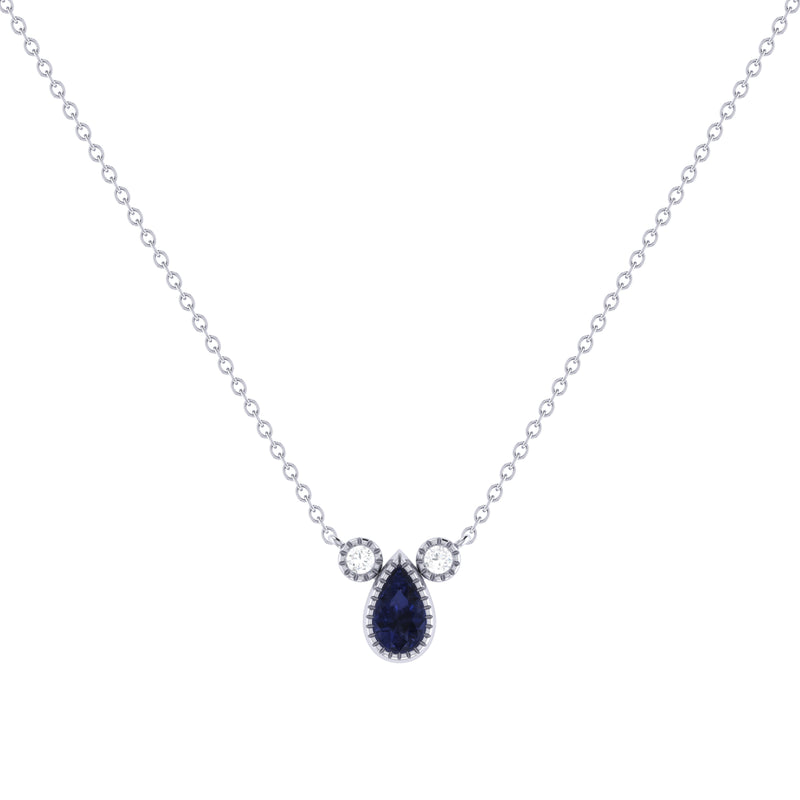 Pear Shaped Sapphire & Diamond Birthstone Necklace In 14K White Gold