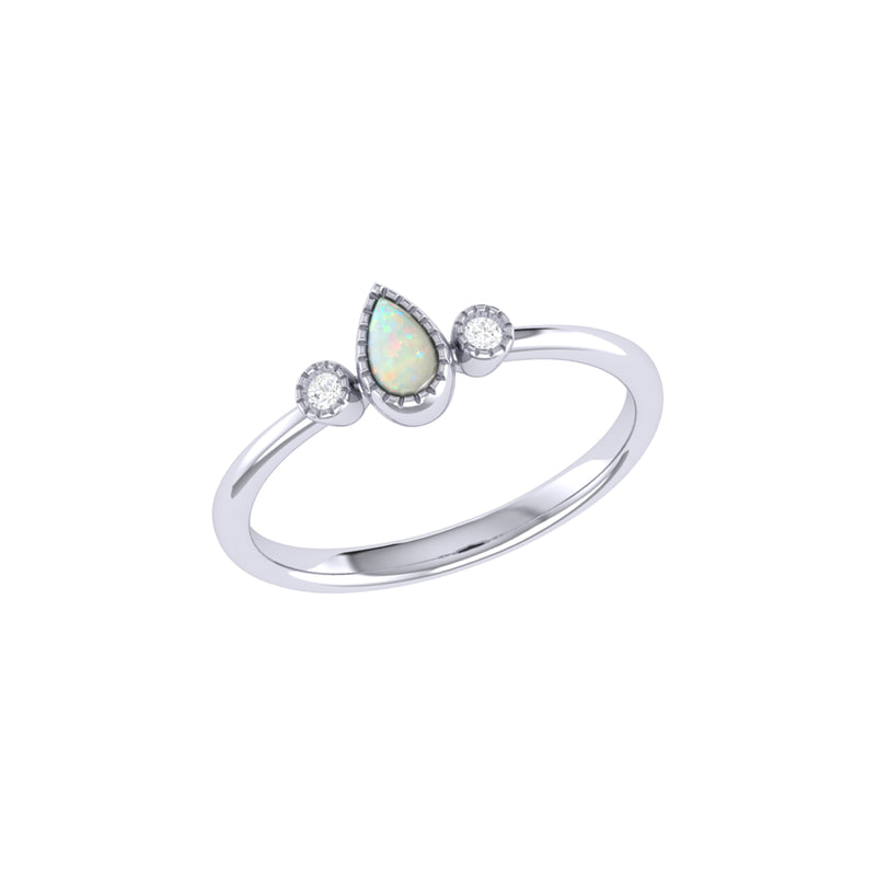Pear Shaped Opal & Diamond Birthstone Ring In 14K White Gold