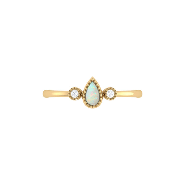 Pear Shaped Opal & Diamond Birthstone Ring In 14K Yellow Gold