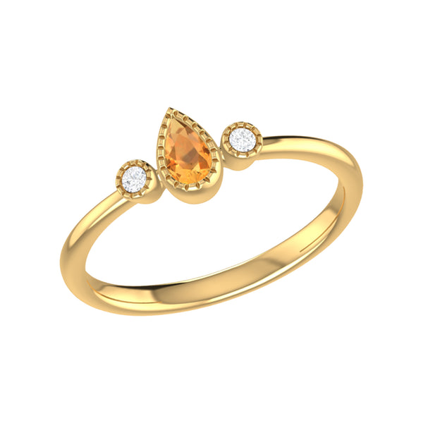 Pear Shaped Citrine & Diamond Birthstone Ring In 14K Yellow Gold